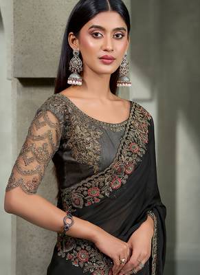 black chiffon with banglori work blouse party wear saree 2