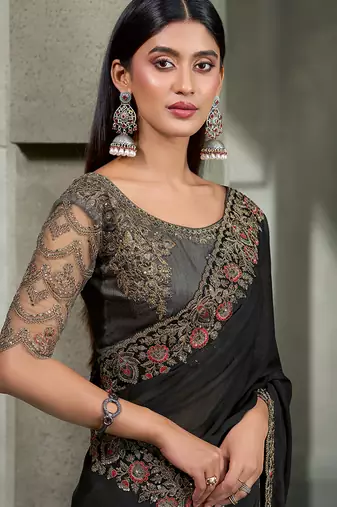 black chiffon with banglori work blouse party wear saree