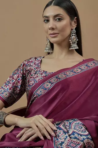 magenta ethnic motifs ajrak poly crepe block print saree