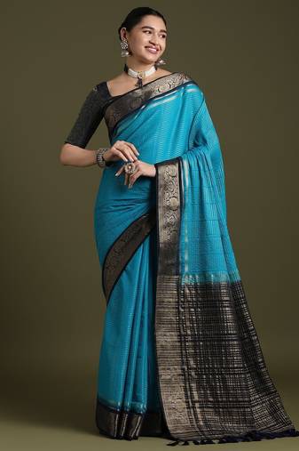 women blue crepe ethnic woven design party wear saree with matching blouse