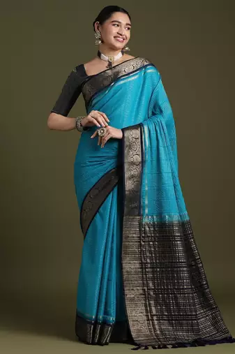 women blue crepe ethnic woven design party wear saree with matching blouse