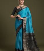 women blue crepe ethnic woven design party wear saree with matching blouse