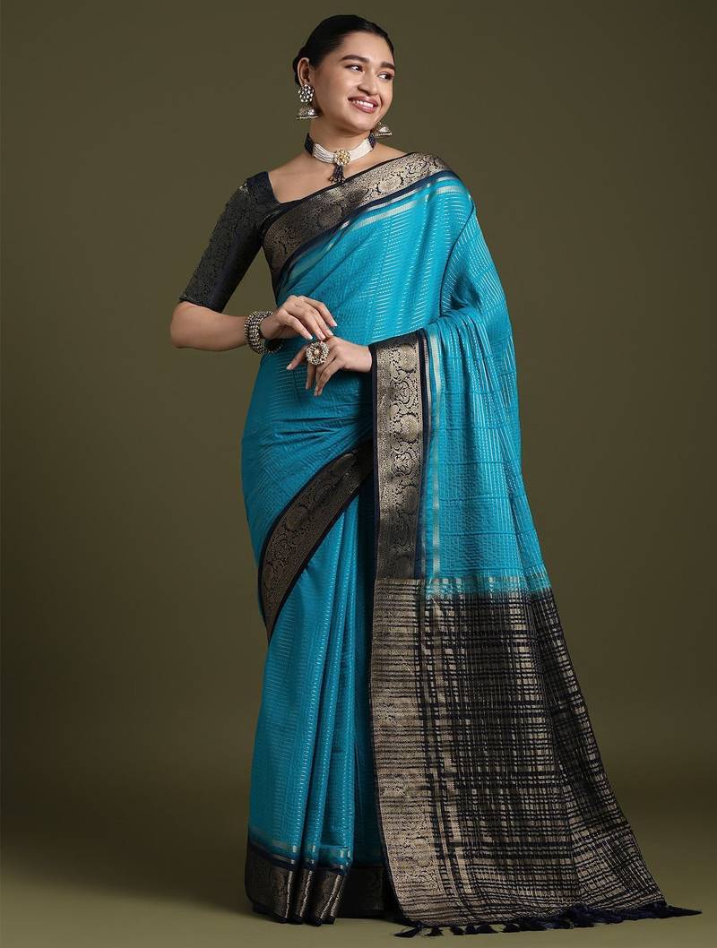 women blue crepe ethnic woven design party wear saree with matching blouse