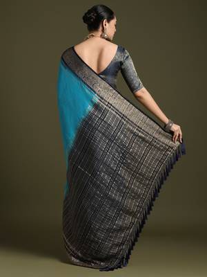 women blue crepe ethnic woven design party wear saree with matching blouse 2