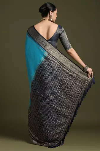 women blue crepe ethnic woven design party wear saree with matching blouse