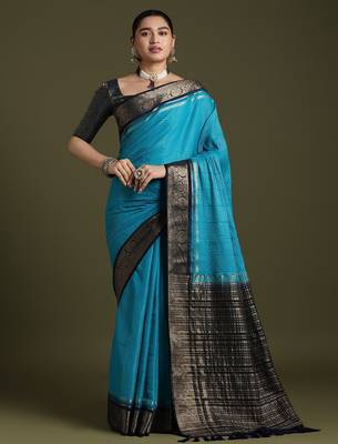 women blue crepe ethnic woven design party wear saree with matching blouse 3