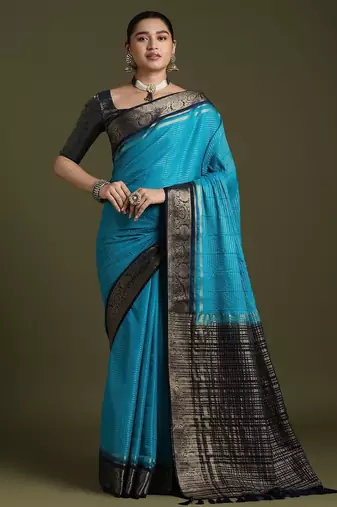 women blue crepe ethnic woven design party wear saree with matching blouse
