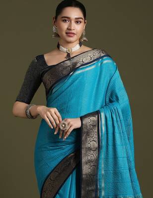 women blue crepe ethnic woven design party wear saree with matching blouse 4