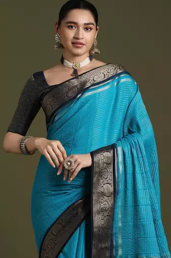 women blue crepe ethnic woven design party wear saree with matching blouse