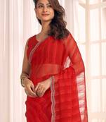 red striped beads & stones embellished georgette saree