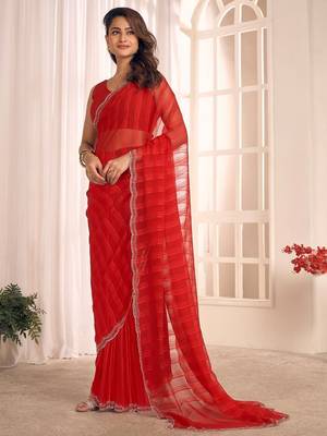 red striped beads & stones embellished georgette saree 2