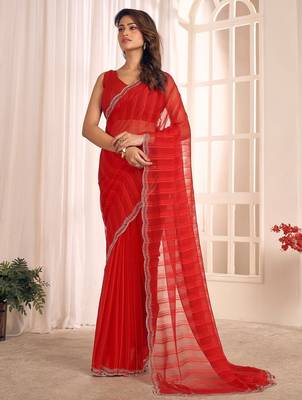 red striped beads & stones embellished georgette saree 4