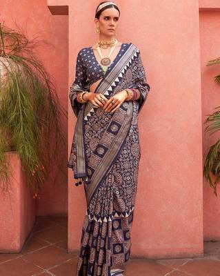Navy blue ethnic motifs zari silk blend banarasi saree 1