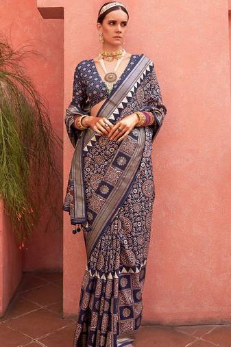 Navy blue ethnic motifs zari silk blend banarasi saree