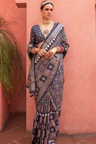 Navy blue ethnic motifs zari silk blend banarasi saree