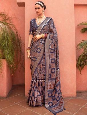 Navy blue ethnic motifs zari silk blend banarasi saree 2