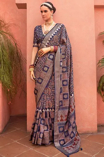 Navy blue ethnic motifs zari silk blend banarasi saree