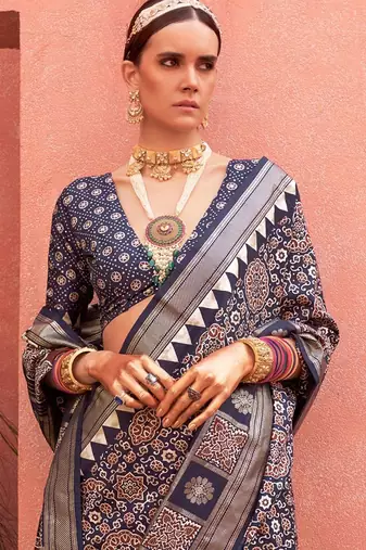 Navy blue ethnic motifs zari silk blend banarasi saree