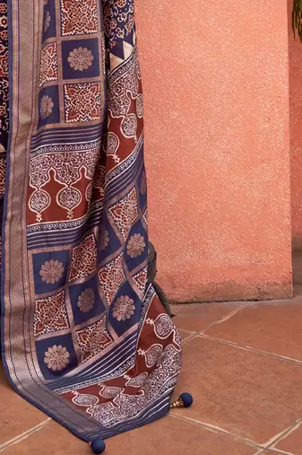 Navy blue ethnic motifs zari silk blend banarasi saree