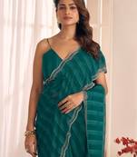 teal green striped beads & stones georgette saree