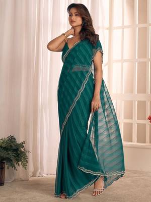 teal green striped beads & stones georgette saree 2