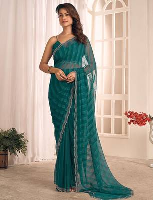 teal green striped beads & stones georgette saree 4