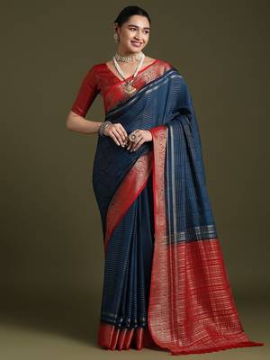 blue women crepe ethnic woven design party wear saree with matching blouse 1