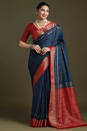 blue women crepe ethnic woven design party wear saree with matching blouse