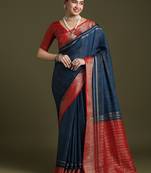 blue women crepe ethnic woven design party wear saree with matching blouse
