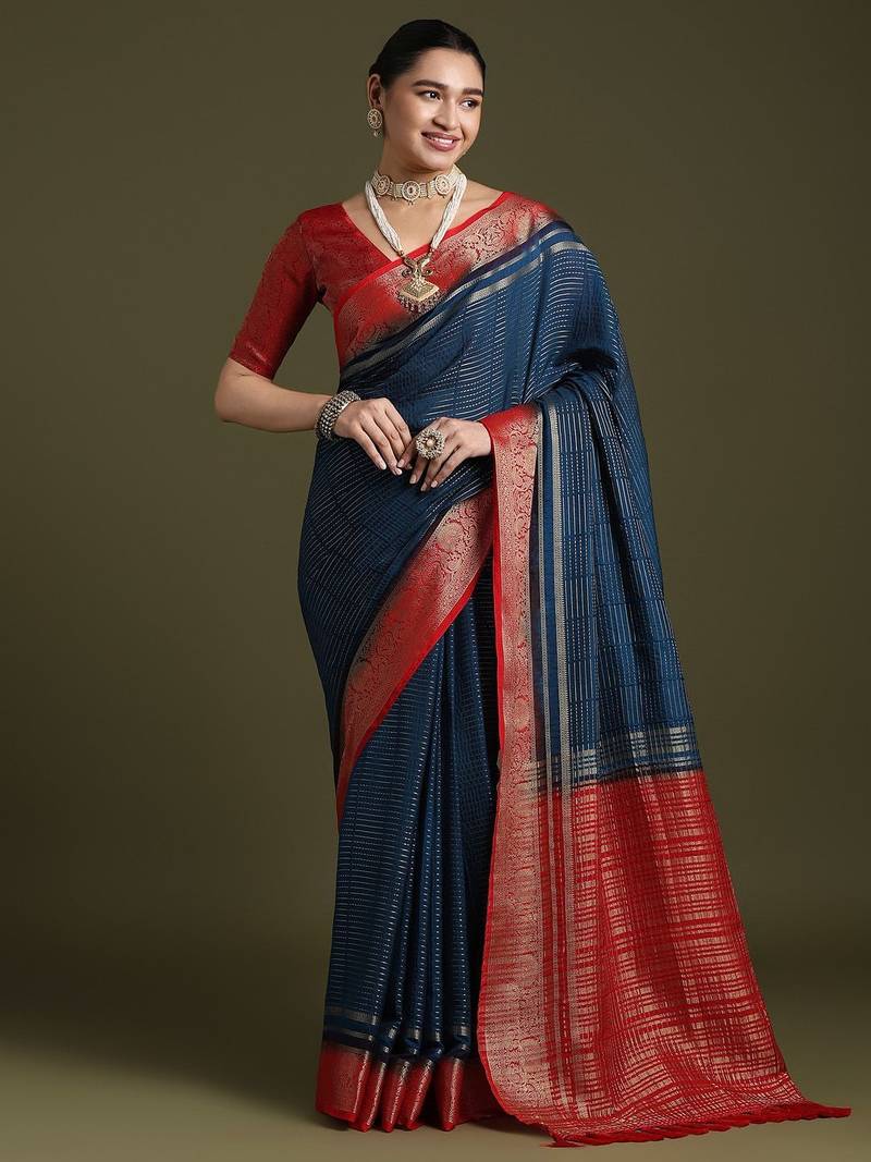 blue women crepe ethnic woven design party wear saree with matching blouse