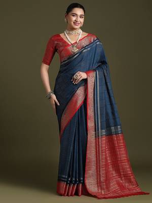 blue women crepe ethnic woven design party wear saree with matching blouse 2