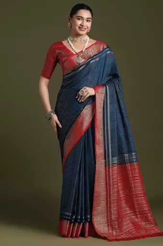 blue women crepe ethnic woven design party wear saree with matching blouse