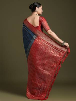 blue women crepe ethnic woven design party wear saree with matching blouse 3