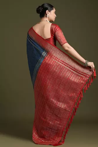 blue women crepe ethnic woven design party wear saree with matching blouse