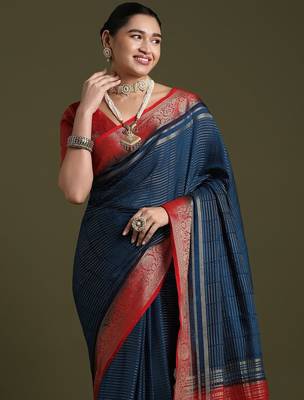 blue women crepe ethnic woven design party wear saree with matching blouse 4