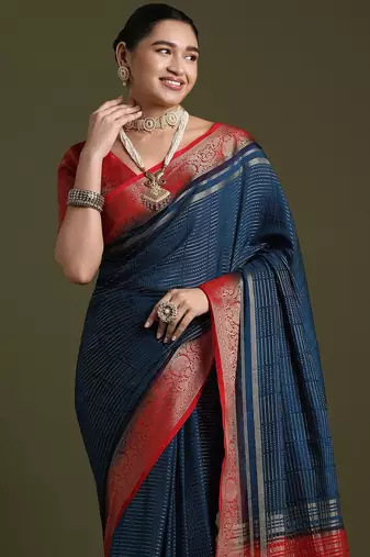 blue women crepe ethnic woven design party wear saree with matching blouse