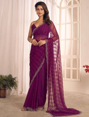 purple striped beads and stones georgette designer saree 2