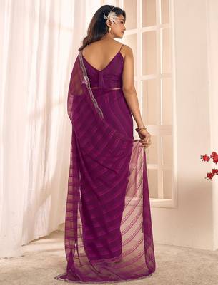 purple striped beads and stones georgette designer saree 3