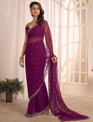 purple striped beads and stones georgette designer saree 4