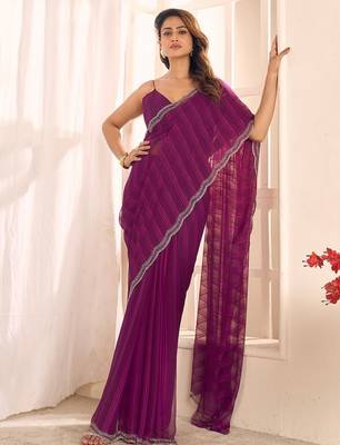 purple striped beads and stones georgette designer saree 5