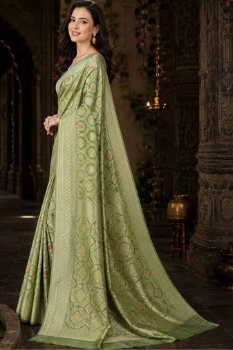 lime woven design zari art silk blend banarasi saree