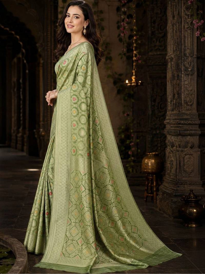 lime woven design zari art silk blend banarasi saree