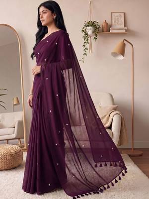 purple embellished mirror work cotton blend designer khadi saree 1
