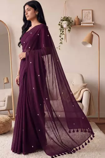 purple embellished mirror work cotton blend designer khadi saree