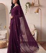 purple embellished mirror work cotton blend designer khadi saree