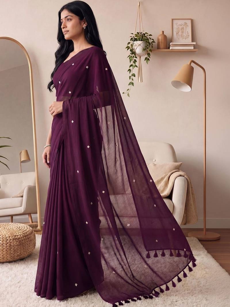 purple embellished mirror work cotton blend designer khadi saree