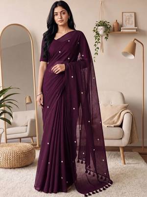 purple embellished mirror work cotton blend designer khadi saree 2