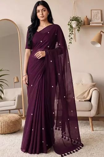 purple embellished mirror work cotton blend designer khadi saree