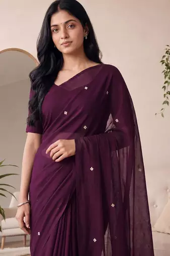 purple embellished mirror work cotton blend designer khadi saree