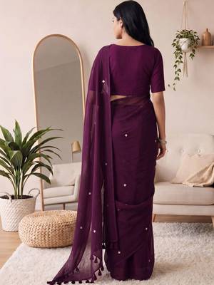 purple embellished mirror work cotton blend designer khadi saree 4